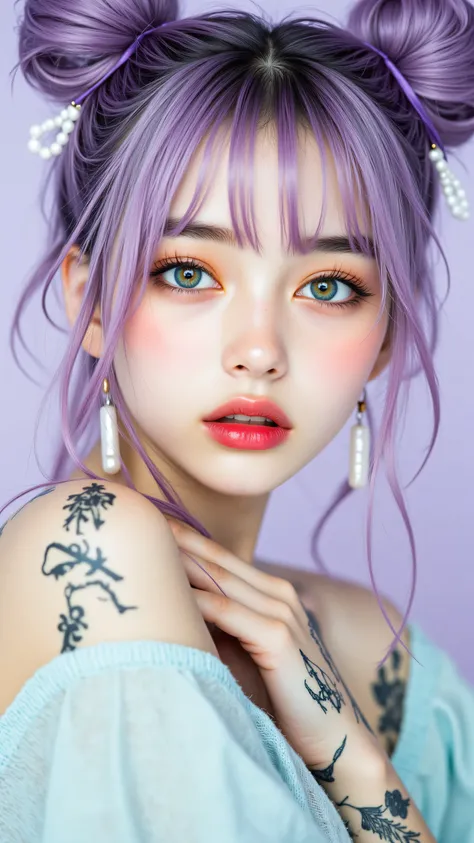 8k, masterpiece, highest quality, Korea's Beautiful Women, Close-up, vibrant eyeshadow, pink, orange, purple, iridescent green contact lenses, bold red lips, large buns, lavender hair, loose strands, whimsical, anime-inspired, delicate earrings, pear...