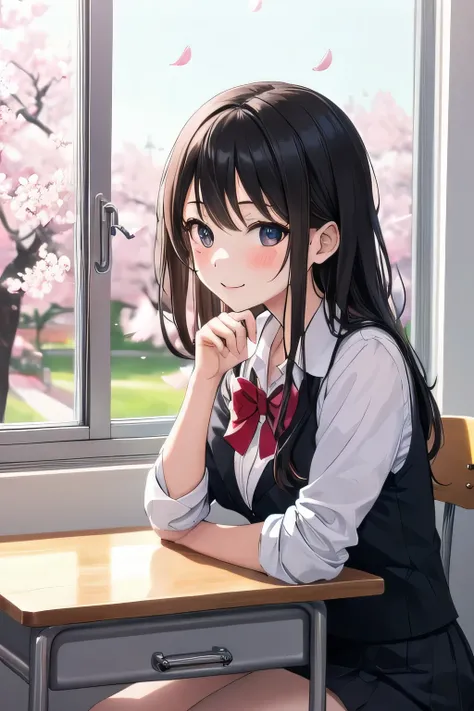 High school girl wearing a cheek cane on the 、 desk by the classroom window、Cherry blossoms are blooming outside the window