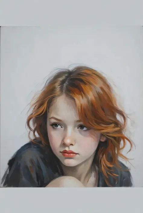 young girl painted in a picture, with Red hair, realistic painting with charcoal in Black and White 