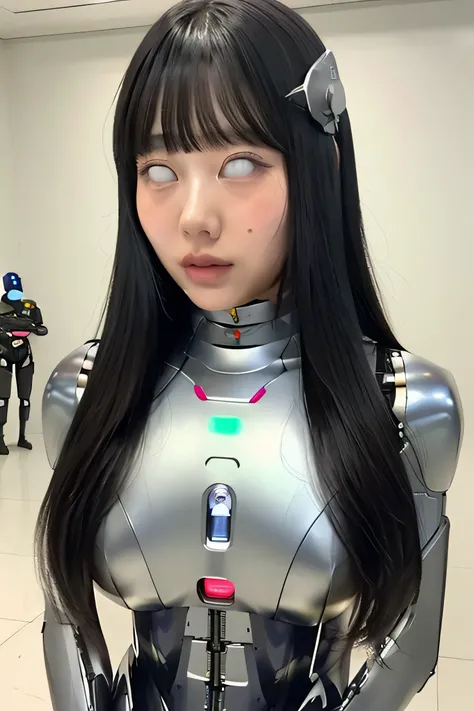 masterpiece, best quality, extremely detailed,Japaese Android girl,chubby,Plump , control panels,android,Droid,Mechanical Hand, Robot arms and legs, Black Robot Parts,Black hair,Mechanical body,Blunt bangs,White robotics parts,perfect robot girl,future inf...