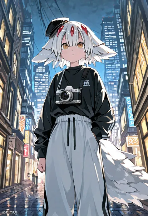 score_9,score_8_up,score_7_up,score_6_up, source_anime, BREAK, solo, solo focus, Faputa stands among towering city buildings, bathed in urban lights. One hand rests on a slightly tilted hat, the other tucked into the pocket of long white sweatpants. The ca...