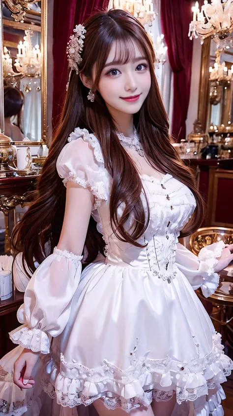 pretty woman , Chestnut hair , beautiful eyes , Smile, actual , Full HD, very beautiful dress ,White Lolita , Fluffy Dress , Curved Body,Magnificent views , gorgeous decoration ,Long gown,