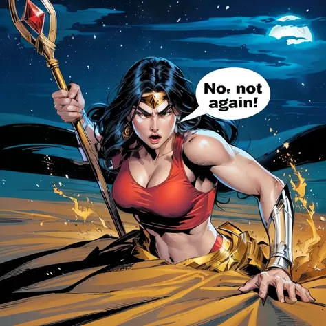 a woman in a red top is holding a spear and a sign, zenescope, the godess hera looking angry, as illustrated in top cow comics, the goddess hera looking angry, wonder woman, frank cho, snow white as a d & d fighter, female doc savage, textless, gal gadot a...