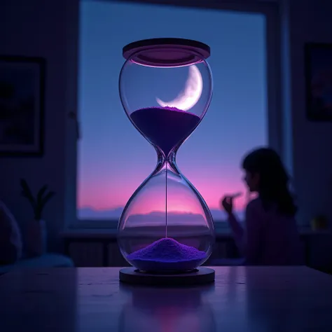 Create an hourglass with a purple-blue aure, In the midst of a dark dawn of the same colors in the valcon of an apartment, The half moon in the background but let the hourglass remain the center and a girl in the background sitting looking elsewhere