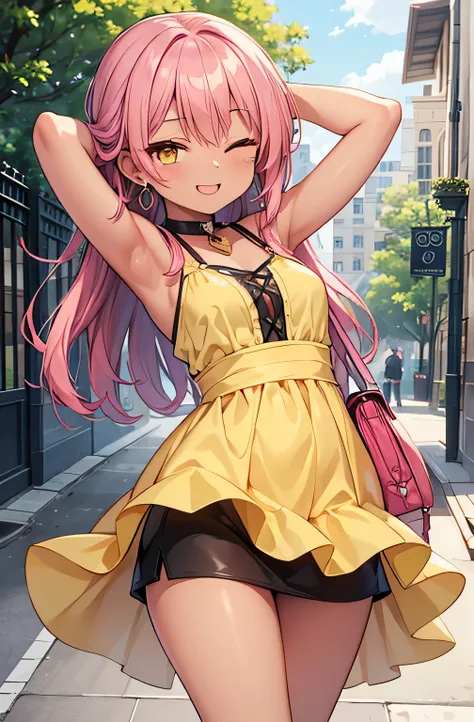  high quality　 Masterpiece　 Beautiful Black Girl 　 dark brown skin　 pink hair　 　 wave long hair　 yellow eyes　 cheerful smile 　 One Eye Closed　 I'm putting my hands behind my head　 gal　Earrings　 Casual Dress 　 miniskirt　 event venue