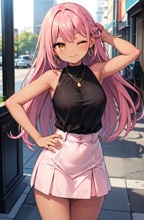  high quality　 Masterpiece　 Beautiful Black Girl 　 dark brown skin　 pink hair　 　 wave long hair　 yellow eyes　 cheerful smile 　 One Eye Closed　 I'm putting my hands behind my head　 gal　Earrings　 Casual Dress 　 miniskirt　 event venue