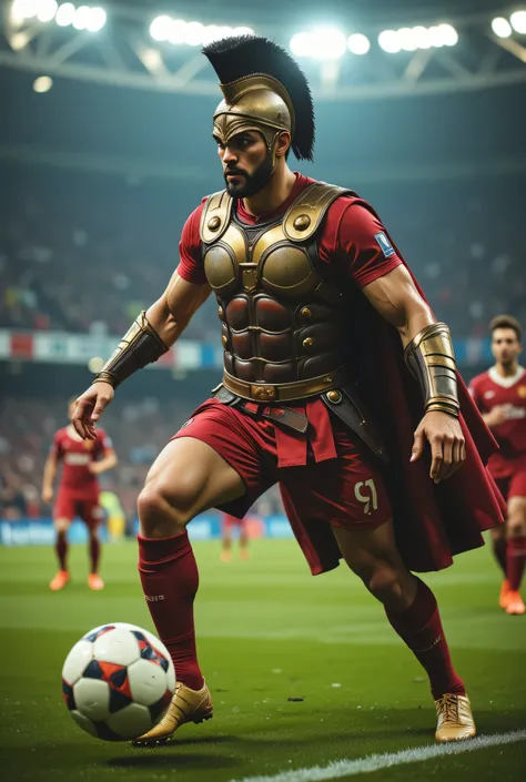 A soccer player dressed as a gladiator, with a fierce look and vibe of someone about to attack, in a soccer field or stadium, in the most realistic style possible, illustrating the beginning of a championship and the battle for the title. Instruction: do n...