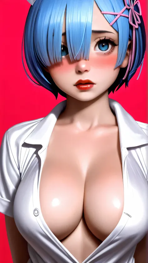 1 very young japanese girl, Rem from Re:Zero, short blue hair, blue eyes, blushing, Shy, Red lips, pale face, Sweet, big breasts, best quality, ((masterpiece)), (detailed), vintage, elegant, sophisticated, big expressive eyes, ulzzang, high school girl、Sle...