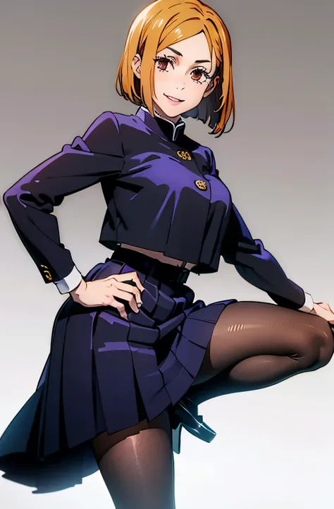  Hi-Res,  Masterpiece, accurate,  anatomically correct,  has won many awards, 最 high quality,  super high heels,  textured skin,  bob hair,   straight hair,  Orange Hair, chest,  Brown Eyes,  simple background,  1 girl, solo, Jujutsu Kaisen, Master of Fine...