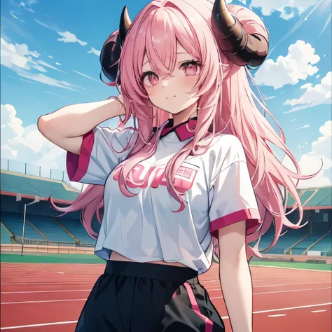 An anime-style illustration of a girl named 'Fua-chan' with long, soft pink hair styled in curls resembling sheep’s horns.** She has bright pink eyes that show a mix of tiredness and determination. **Fua-chan is wearing her work uniform and is standing at ...