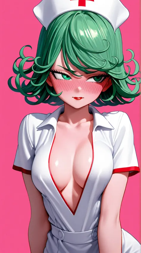 1 very young japanese girl, tatsumaki from Dragonball Z, green hair, green eyes, blushing, Shy, Red lips, pale face, Sweet, big breasts, best quality, ((masterpiece)), (detailed), vintage, elegant, sophisticated, big expressive eyes, ulzzang, high school g...