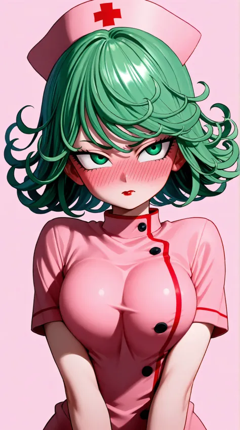 1 very young japanese girl, tatsumaki from Dragonball Z, green hair, green eyes, blushing, Shy, Red lips, pale face, Sweet, big breasts, best quality, ((masterpiece)), (detailed), vintage, elegant, sophisticated, big expressive eyes, ulzzang, high school g...