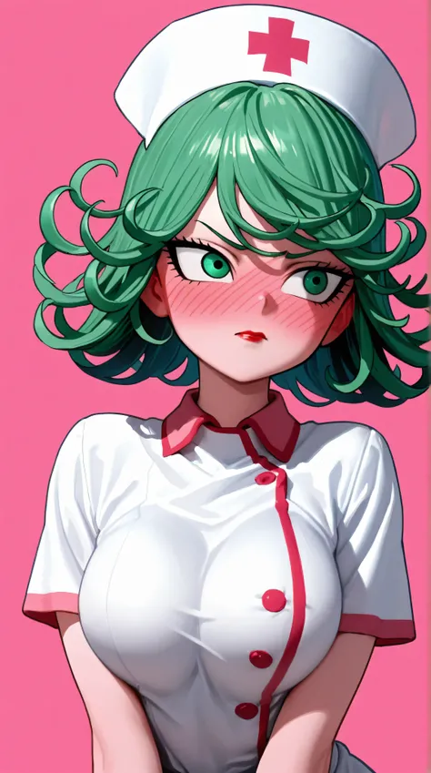 1 very young japanese girl, tatsumaki from Dragonball Z, green hair, green eyes, blushing, Shy, Red lips, pale face, Sweet, big breasts, best quality, ((masterpiece)), (detailed), vintage, elegant, sophisticated, big expressive eyes, ulzzang, high school g...
