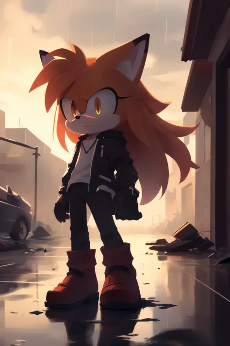 ((Masterpiece), high quality, detailed,high contrast, backlighting), silhouette, detailed background, orange fur, long hair, loose jacket, boots, rings, tall, fluffy ears, sonic style, mobian, black gloves, fox, male, yellow eyes, long hair, long bangs, fr...
