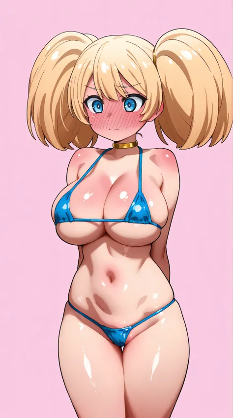 long blonde hair, blue eyes, twin tails, big breasts, swimsuit, blue bikini, gold choker, pink background, cleavage, heavy blushing, body blush, simple background, shiny skin, micro bikini, arms behind back, 