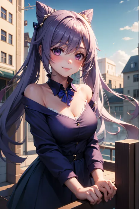 keqing, upper body, smile, blush, outdoors, day, simple background, blue sky, long hair, sky, city, looking at viewer, stairs, mountain, moody lighting, school uniform long sleeves, large breast, hair down, close up, showing cleavage