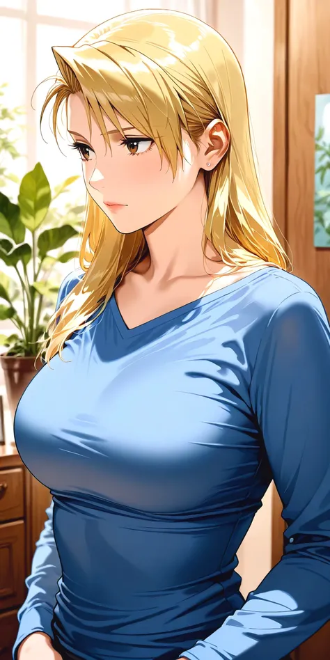 Masterpiece, mature woman, riza hawkeye, slim, upper body, long sleeve shirt, ultra detailed, highres, absurdres, home, portrait, semi realistic, only using for this colour, background bedroom plants and flowers.