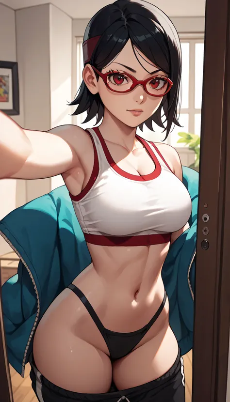 Sarada Uchiha,  big boobs, selfie pov,  in the room  ,She's wearing a white sports bra you can see her abdomen down she's only wearing a black thong , red glasses visible armpits  