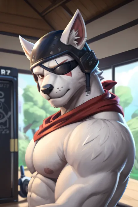 score_9, score_8_up, score_7_up, depth of field, by overcyan, best quality, high res, p0l4r_p4tr011er, fortnite, BREAK furry, solo, 1boy, bara, topless, white body, muscular, brown eyes, eyepatch, helmet, looking at viewer, muscle flex, inside, gym backgro...