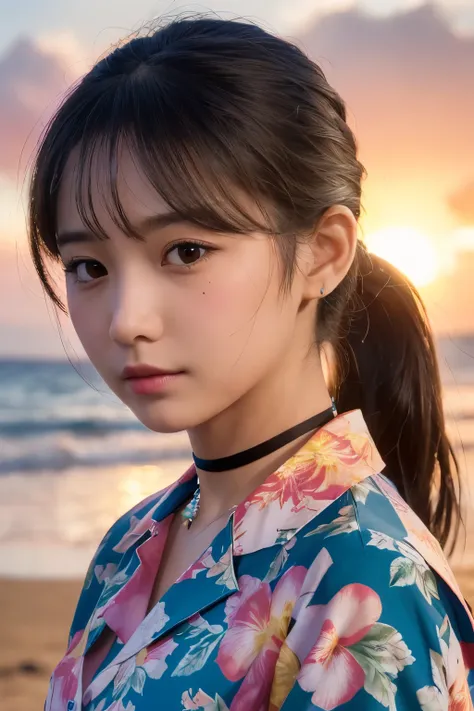 ((( Hawaii Sunset Beach )))、、(Please wear a floral Hawaiian shirt.。..:1.5)、(  natural skin texture ,  hyperrealism , Soft light,  sharp), ( complicated details:0.9), ( NFFS W , hyperdetails:1.2), Soft light,  sharp,  Exposure Blend ,  mid-shot, Bokeh, ( NF...