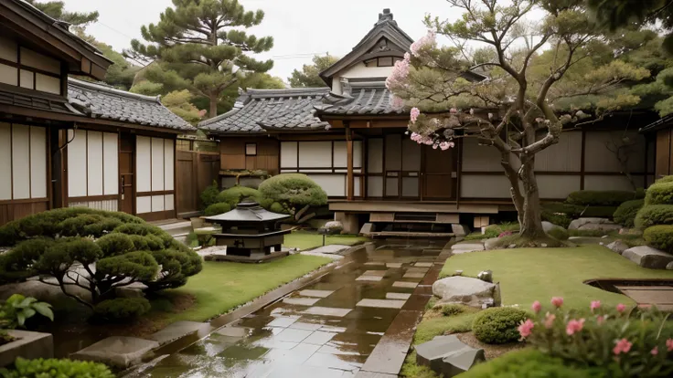 Beautiful Japanese garden with colorful flowers and a small straight path and a small Japanese house in the rain. Realistic 4K