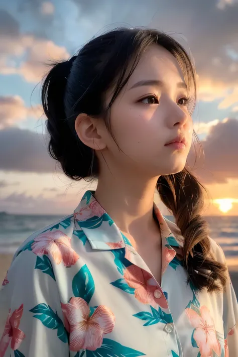 ((( Hawaii Sunset Beach )))、、(Please wear a floral Hawaiian shirt.。..:1.5)、(  natural skin texture ,  hyperrealism , Soft light,  sharp), ( complicated details:0.9), ( NFFS W , hyperdetails:1.2), Soft light,  sharp,  Exposure Blend ,  mid-shot, Bokeh, ( NF...