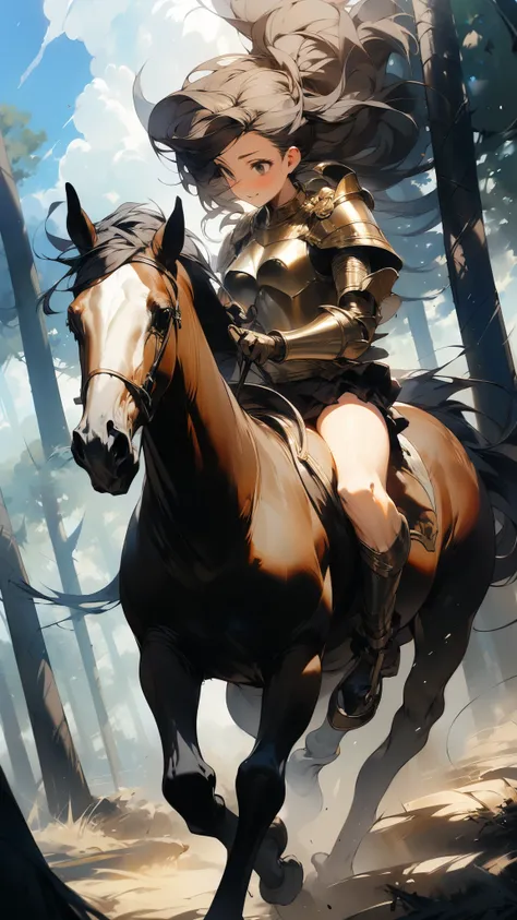 (masterpiece:1.3), (8K, best quality:1.3), Highest image quality, intricate details, high resolution, depth field, Natural light, professional lighting, BREAK, riding, horse, (((a young woman wearing in adventurer clothes watching a blue sky while horse ri...