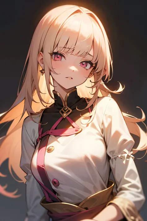 Beautiful girl, adult, Simple background, High Resolution, Anatomically Correct, Blunt Bangs, princess, dressed casually, Parted Lips, Tsurime, Upturned Eyes, Pink Eyes, long hair, Light blonde hair, Jewelry, Looking at viewer, no pupils, frowning