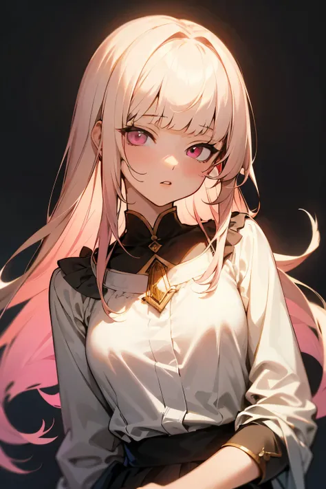 Beautiful girl, adult, Simple background, High Resolution, Anatomically Correct, Blunt Bangs, princess, dressed casually, Parted Lips, Tsurime, Upturned Eyes, Pink Eyes, long hair, Light blonde hair, Jewelry, Looking at viewer, no pupils, frowning