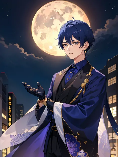 Men's Sapphire Blue Hair Golden Eyes Purple Earrings Black Gloves Black Suit Japanese Pattern Coat Full Moon Night