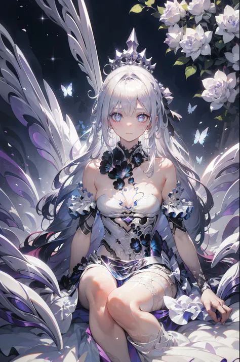Silver Hair, Butterfly,White hair, white wedding dress, 8k wallpaper, detailed background , maximum resolution ,Deep V, hair covering one eye , strapless wedding dress ,Chis,White Rose,Tight, full body photo