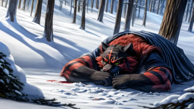 incineroar laying face up in deep snow, sad, crying, tears, defeated, wearing winter parka, BREAK, view from above, realistic, snowy forest, snow falling, blood on the snow,