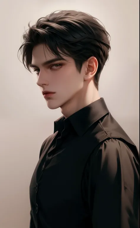 (masterpiece,best quality,ultra_detailed,highres,absurdres),1boy, male focus, solo, black brown hair, shirt, black, simple background, brown eyes, upper body, vest, comma hair, looking at viewer, collared shirt, long sleeves, black shirt, (looking away:1.2...