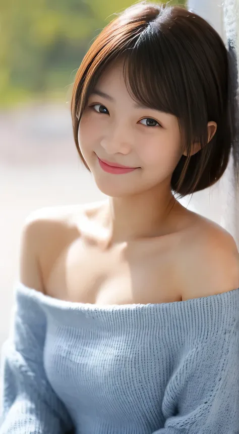 masterpiece,best quality,(Japanese girl),((Beautiful girl)),cleavage,(off shoulder:1.2),(perfect body beauty:1.2),(shy smile)