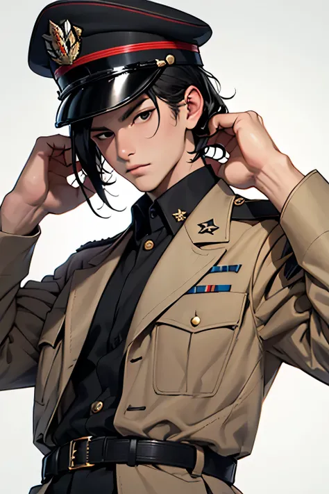 Young man, black hair, black eyes, wearing a military clothes and a military hat