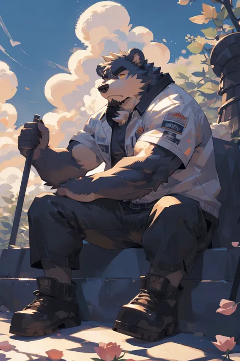 (masterpiece:1.2), best quality,pixiv,official art,perfect anatomy, (Ray tracing, light),solo, (1_male:1.3) , (muscle), (grey fur:1.4), (muscle bear), (beard:1.2), (gleaming golden eyes), bear tail, full body,black eyebrows, bomber jacket,t-shirt inside, c...