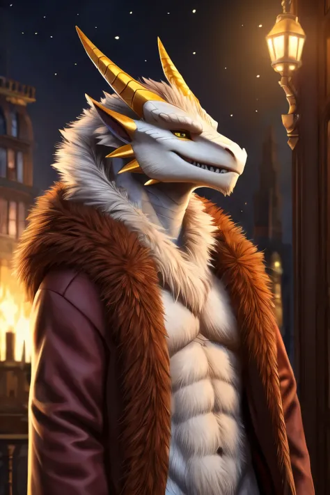 dragon wearing a fur coat