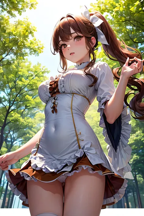 A graceful young lady,(((long wavy chestnut-colour ponytail))) and a calm, traditional aura,(((white Frill Dress))),(((mini skirt))),(panty shot),(((photo taken from below))),(((park))),(brown eyes),(tits),(hair ribbon)