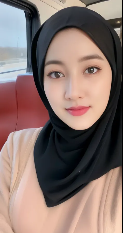 1girl hijab, ((wear hijab in head girl)), outfit hijab style, beautiful detailed eyes, beautiful detailed lips, slight smile, extremely detailed face and portrait, spread legs, close up photo, potrait from below, long eyelashes, medium breasts, slight smil...