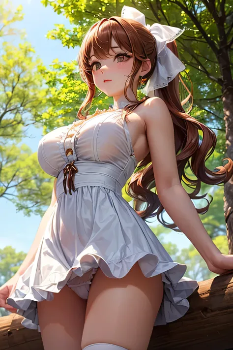 A graceful young lady,(((long wavy chestnut-colour ponytail))) and a calm, traditional aura,(((white Frill Dress))),(((mini skirt))),(panty shot),(((photo taken from below))),(((park))),(brown eyes),(tits),(hair ribbon)