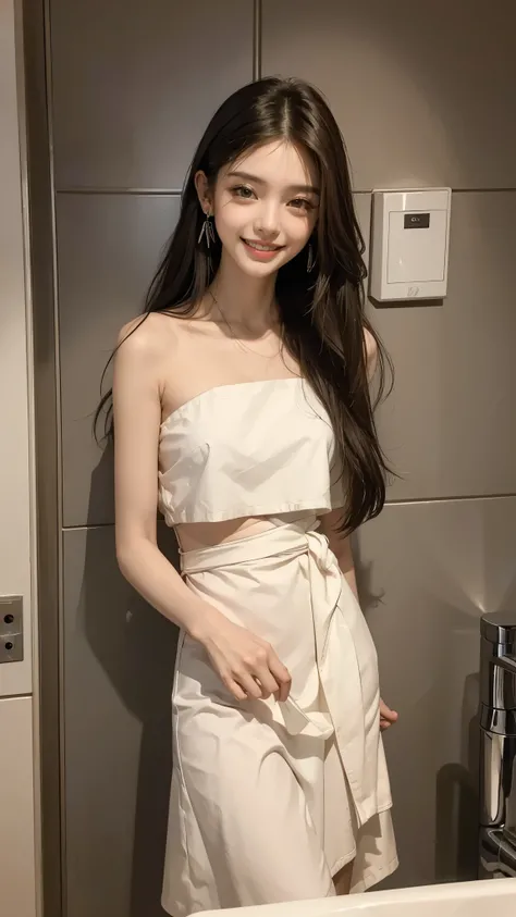   Highest& Masterpiece,Ultra HD 4K, straight long hair,Adult Girl , High Brand Fashion, lean against the wall ,((Show your teeth in the sink and smile :1,4)), ,4K High Def Earrings ,