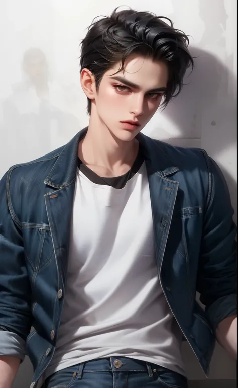 taper short hair, black hair, looking at viewer, parted lips, (looking away:1.2), arrogant vibe, gangster with shape features, cool and cold, young, handsome, 21 years old, shirt, jacket jeans, stylish, fashion