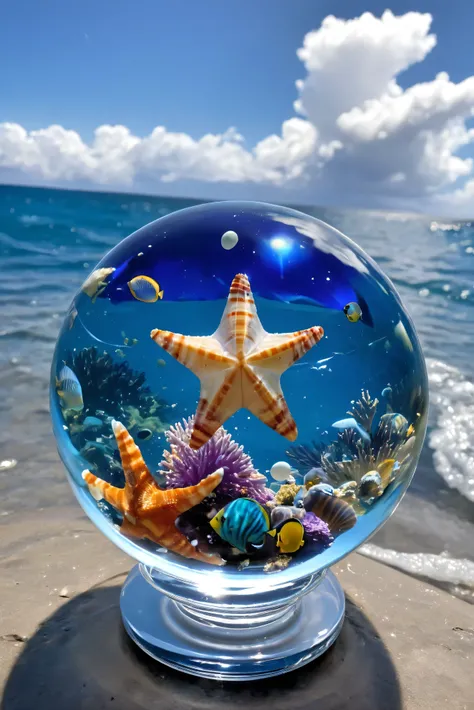 A glass sphere floats in the ocean、Shining Star、 beautiful clouds、 Fantastic、 high image quality、shell