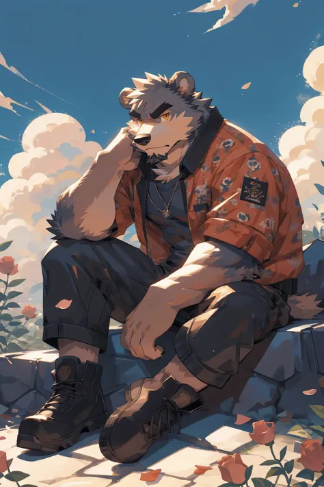 (masterpiece:1.2), best quality,pixiv,official art,perfect anatomy, (Ray tracing, light),solo, (1_male:1.3) , (muscle), (grey fur:1.4), (muscle bear), (beard:1.2), (gleaming golden eyes), bear tail, full body,black eyebrows, bomber jacket,t-shirt inside, c...