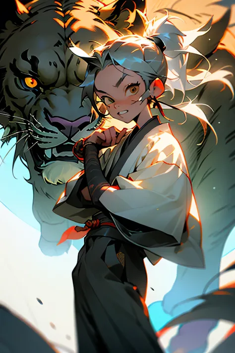 ((best quality)), ((masterpiece)), (detailed), 1boy, casual wardrobe, calm, japanese mask, fangs, ponytail hair, Lion resemblance, dark aura, dark bg, chibi