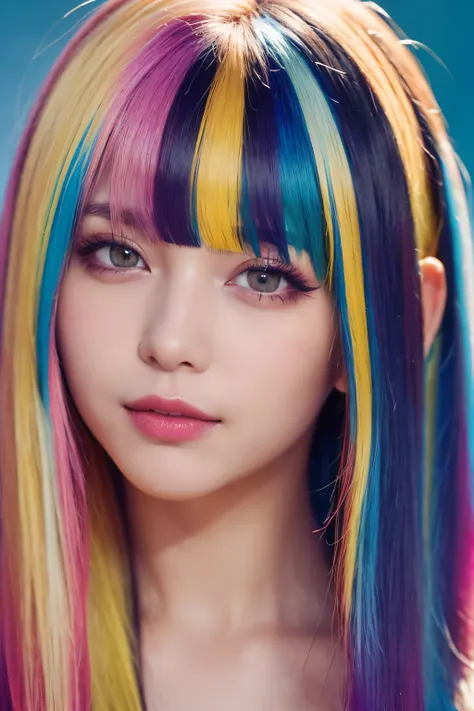 high quality, realistic、 Hi-Res, realistic、8k、 Masterpiece, Details.Impressive、Alone、 cutting-edge photo portrait of a woman、Expression of happiness、The way you look at someone you love、 yellow、Cyan, and purple, (( her colorful hair is gathered in a hi...