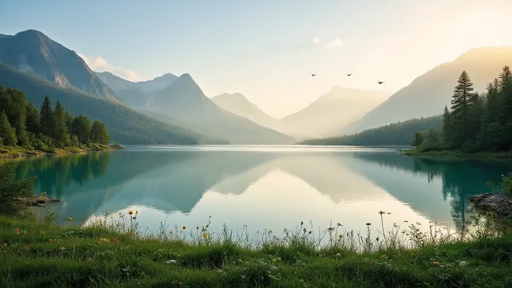 Create a breathtaking landscape featuring a serene, crystal-clear lake surrounded by lush green forests and tall mountains in the distance. The sky is painted with soft pastel colors of sunset, and the calm water reflects the vibrant hues of the sky and su...