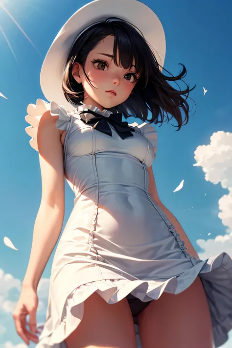  A sophisticated and intelligent young lady with sleek, dark ash bob hair and sharp,(((white Frill Dress))),(((mini skirt))),(panty shot),(((photo taken from below))),(((park))),(brown eyes),(tits),(hat),(((strong wind)))