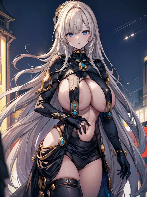   elegant anime female character , golden hair over one eye , two side up, Very attractive eyes, Medieval knight and noble costumes, (gigantic sagging boobs:1.35), orbital space, Blue Sky,  with an ecstatic expression, Outdoors, Towering Tree々Under,  cinem...