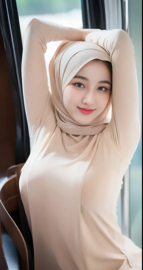 1girl hijab, ((wear hijab in head girl)), outfit hijab style, beautiful detailed eyes, beautiful detailed lips, slight smile, extremely detailed face and portrait,((lifting her arms to reveal her smooth armpits)), big breasts ((nude big breasts)), realisti...